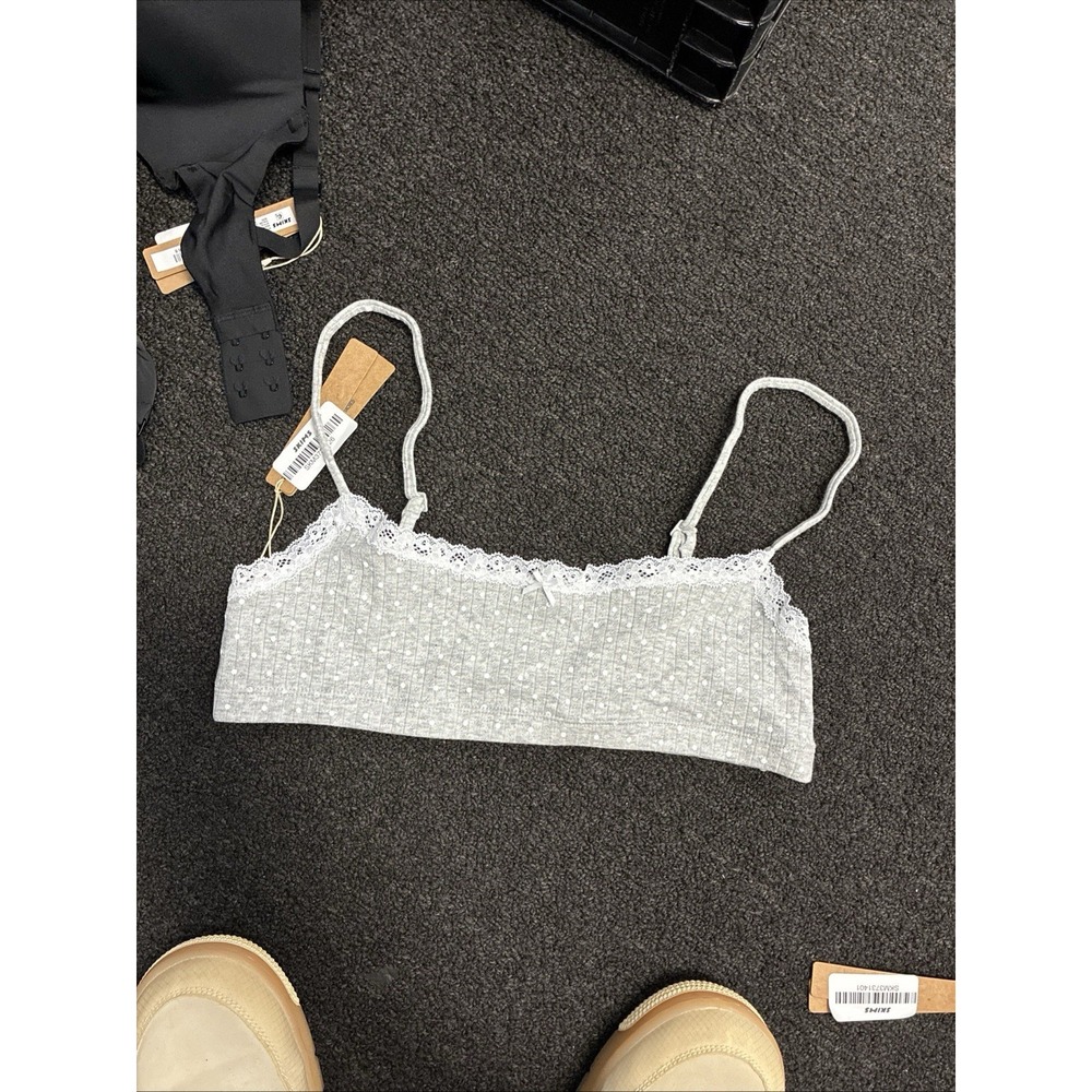 Skims Lightweight Cotton Pointelle Scoop Bralette - New - Heather Gray - Medium